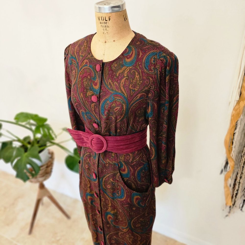 Vintage 90s John Roberts Paisley Button Down Dress with Belt and Pockets
